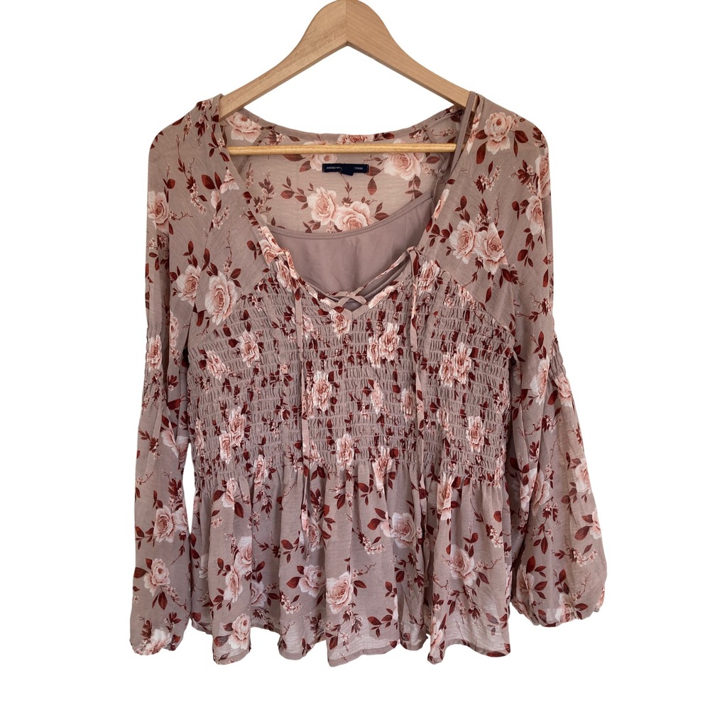 American Eagle Mauve Floral Smocked Peplum Blouse Lace Up Long Sleeve Top M